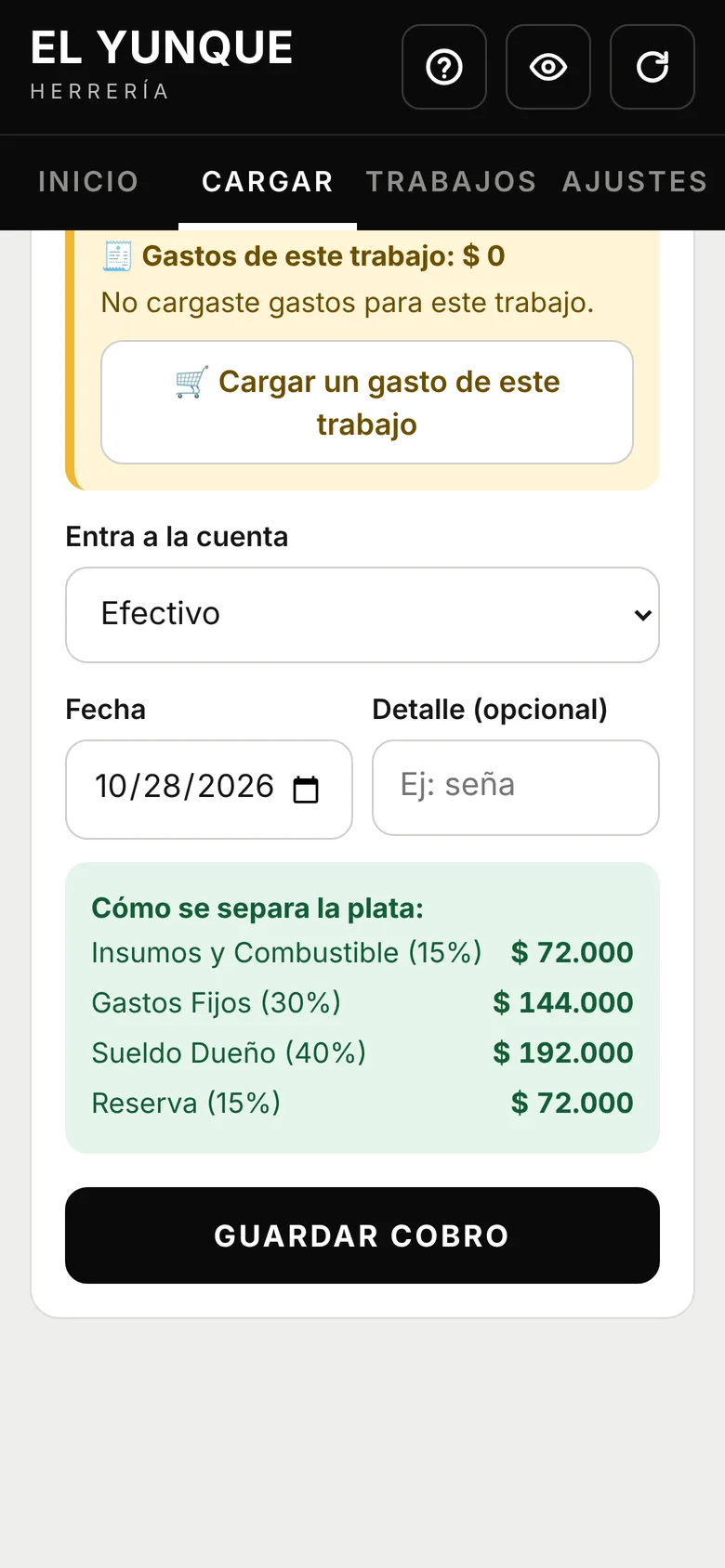 Al cargar un cobro se ve cómo se reparte