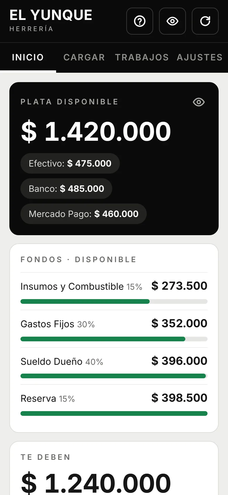Pantalla de inicio con la plata disponible y los fondos