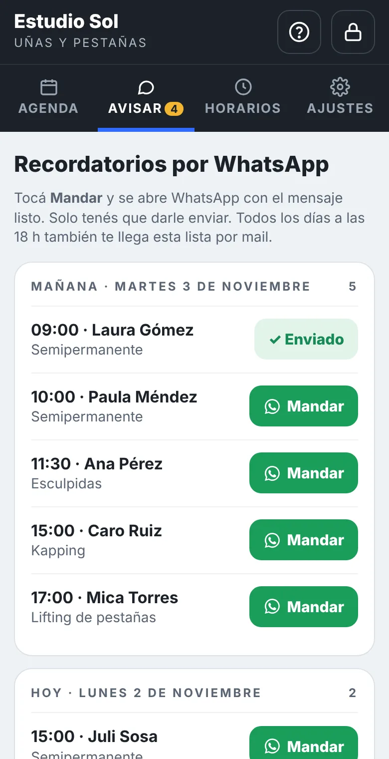 Lista de recordatorios con botón de WhatsApp