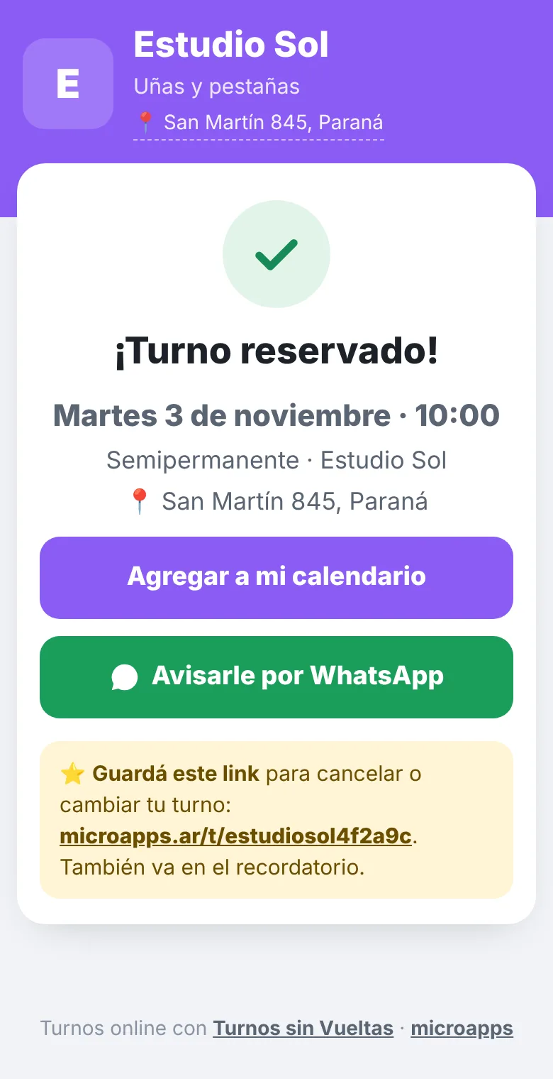 Confirmación del turno reservado