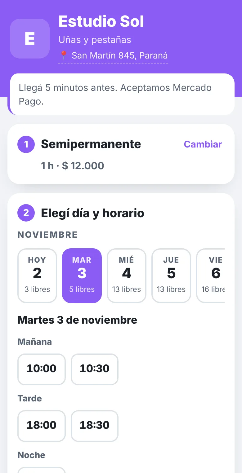 Página de reservas de Turnos sin Vueltas